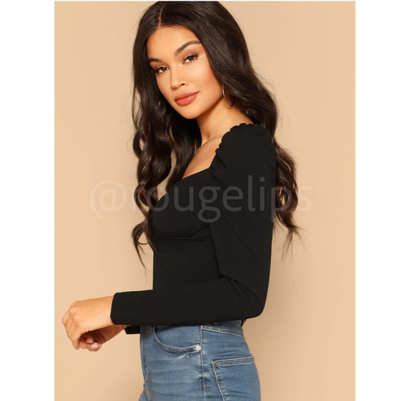 Black Puff Long Sleeve Fitted Sweetheart Neck Shirt - Picture 3 of 6